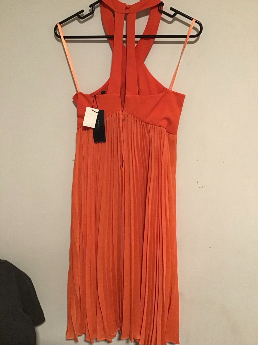 Sleeveless Orange Pleated Midi Dress with Strappy Back